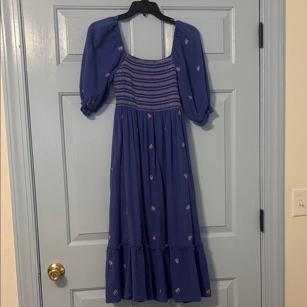 In Bloom Blue Maxi Dress with Pink Embroidery